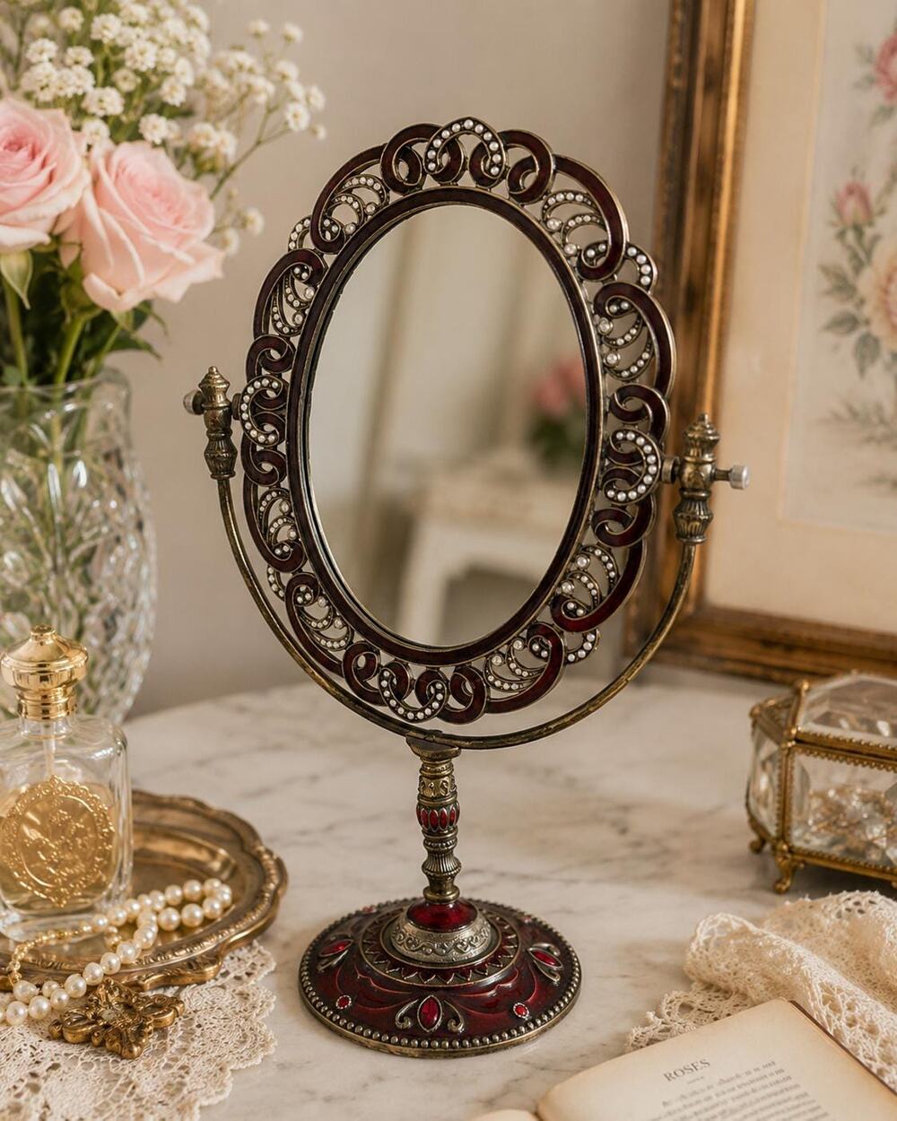 Vintage Jeweled Vanity Mirror | Red Enamel Rhinestone Swivel Tabletop Decor